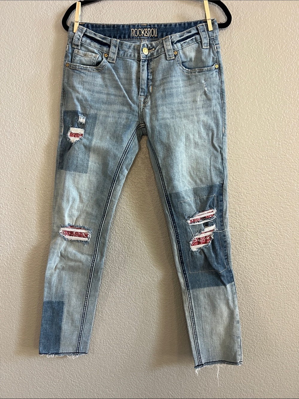 Rock&Roll Cowgirl Patchwork Light Blue Boyfriend Skinny Jeans Raw Hem Size 27